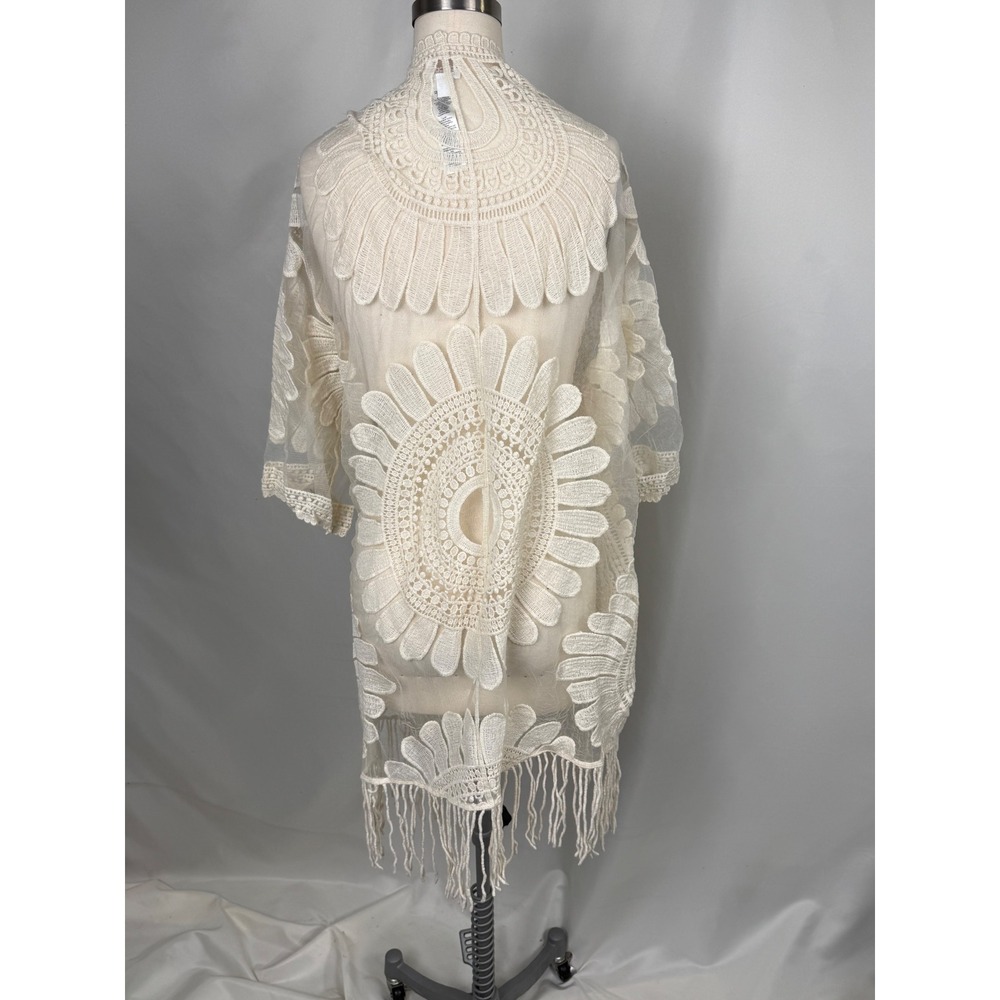 Chicos XL Ivory Lace Mesh Kimono Cardigan Fringe Floral Wrap Boho Summer Layer - Picture 3 of 9